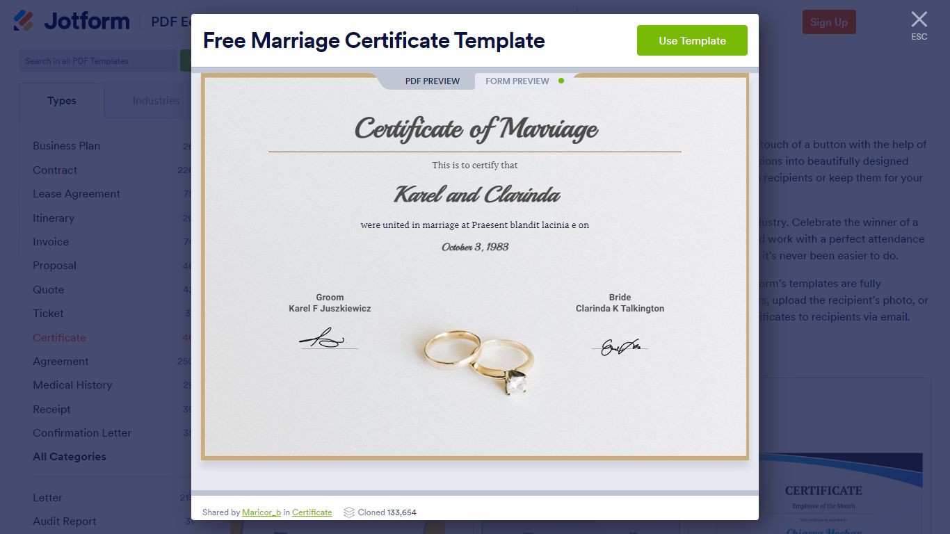 Free Marriage Certificate Template - PDF Templates | Jotform